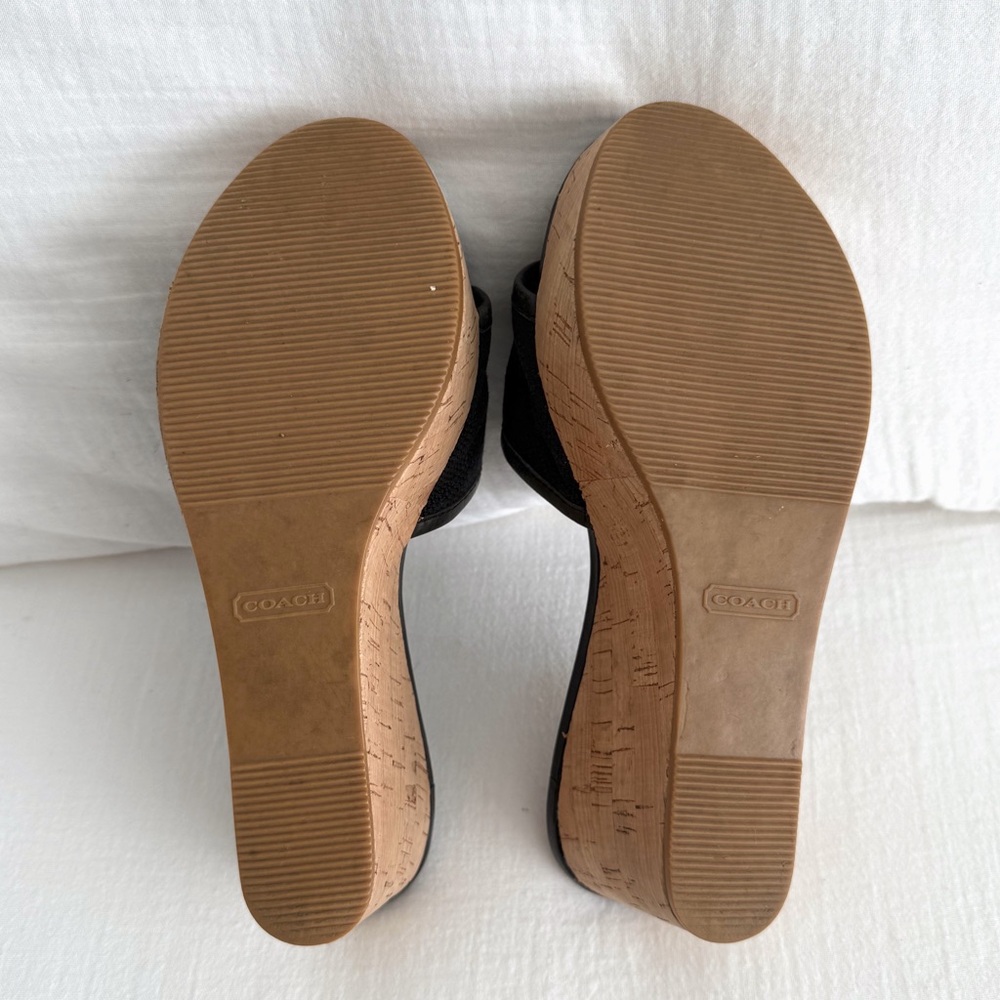 Coach Jazmin Black Leather & Cork Wedge Sandals - Picture 6 of 8